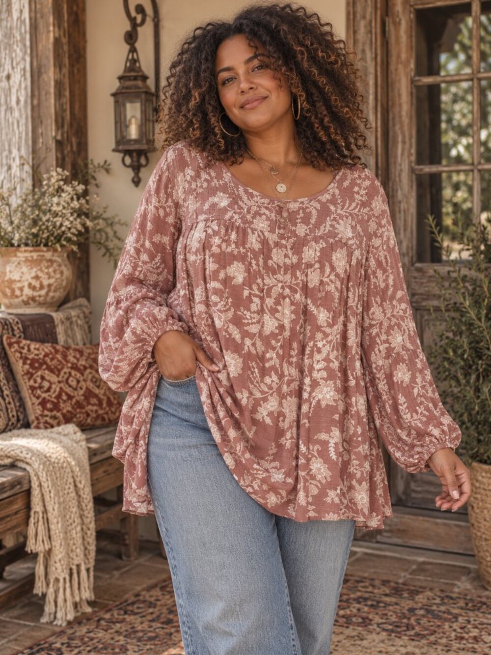 Knox Rose Dusty Rose Floral Boho Tunic Top